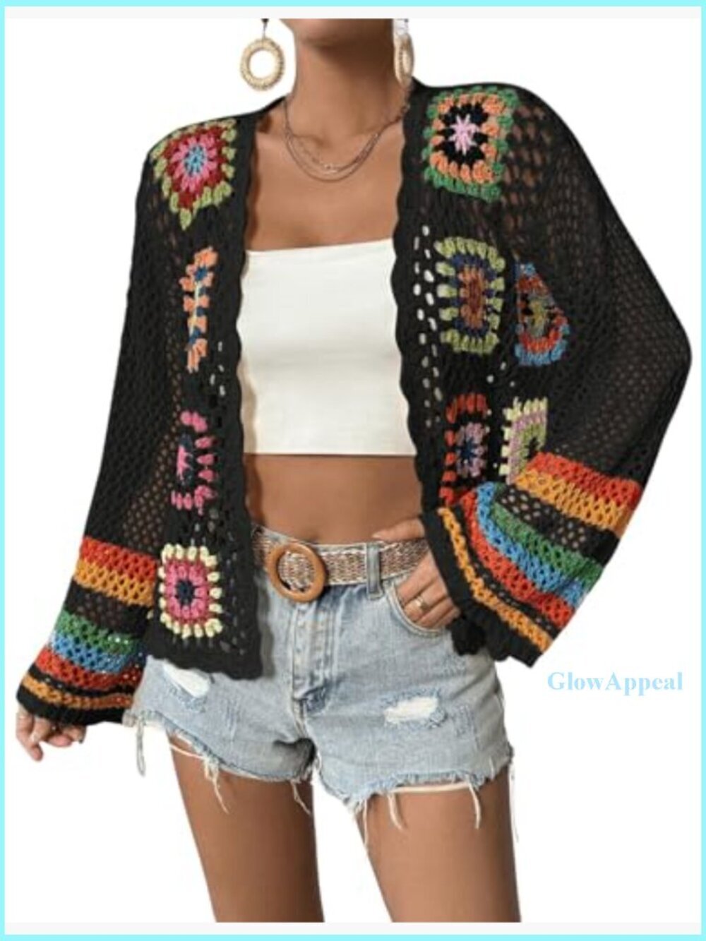 Floral Crochet Cardigan Sweater Lightweight Hollow Out Open Front - Picture 2 of 5